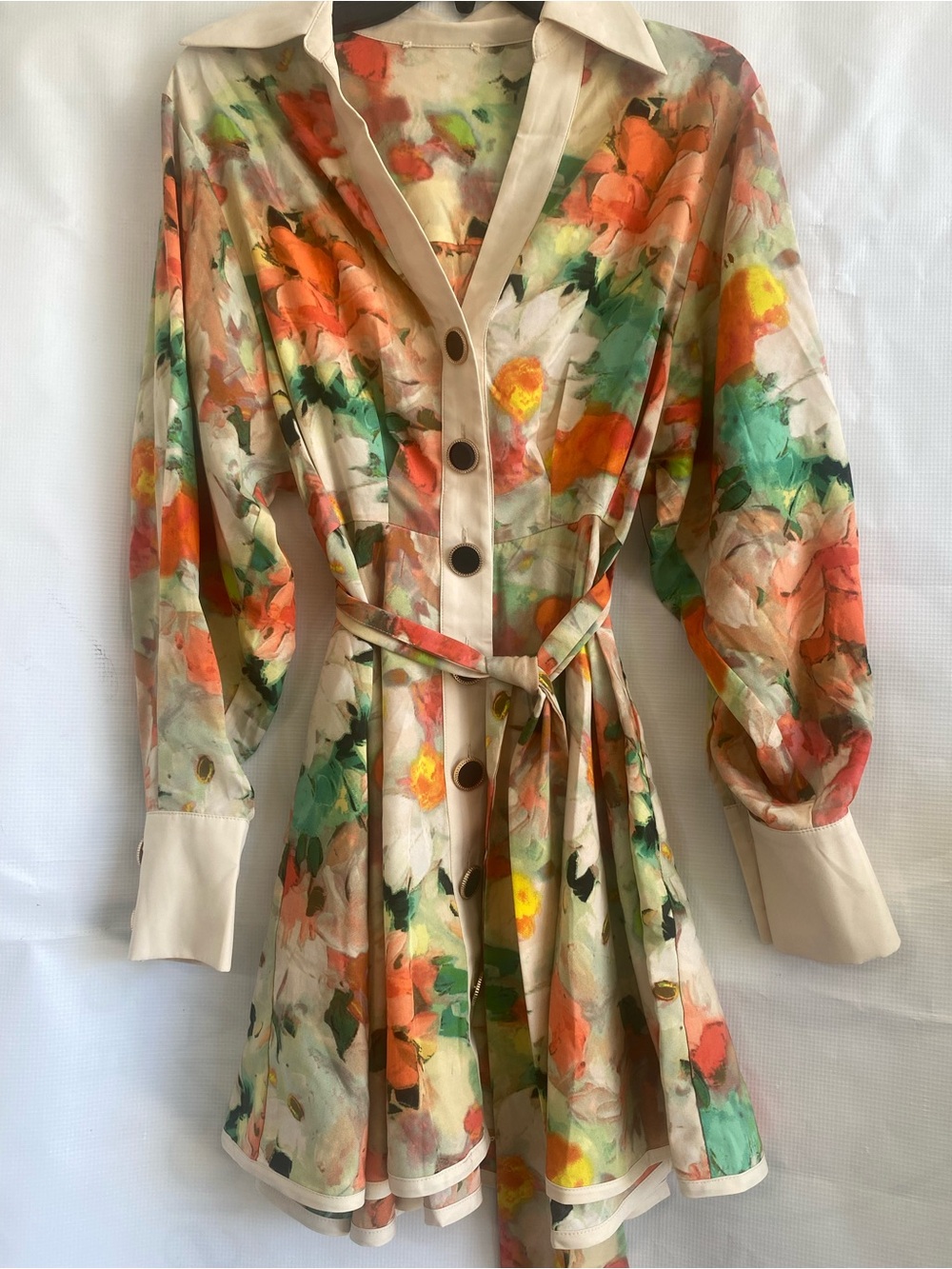 Floral Button-Front Belted Shirt Dress in Pastel Neutrals